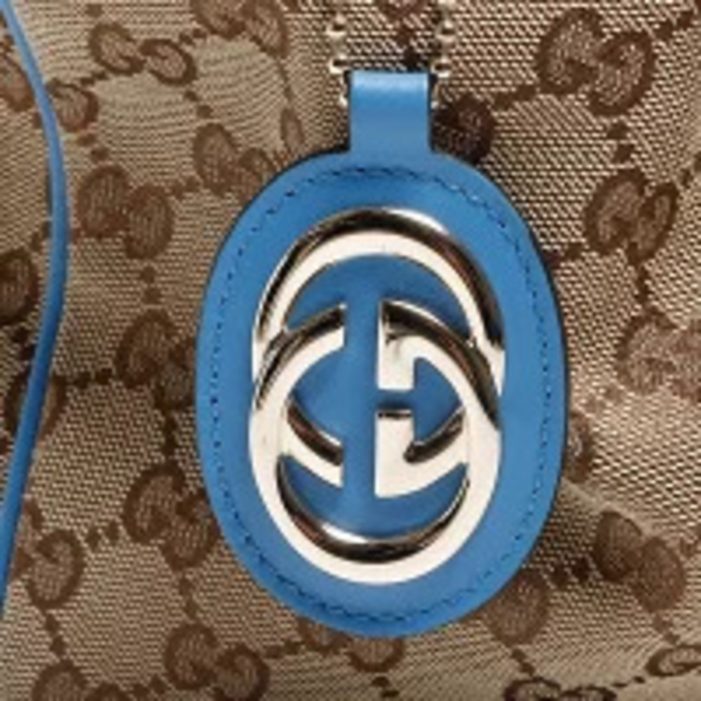 Gucci GG Canvas Sukey Blue Leather Handbag Beige - Picture 8 of 13